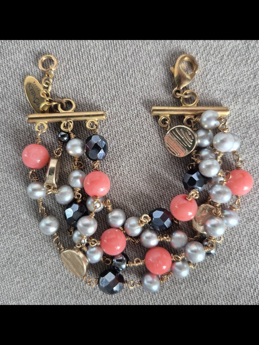 Multi-Strand Coral, Pearl & Hematite Bracelet - Gold Tone
